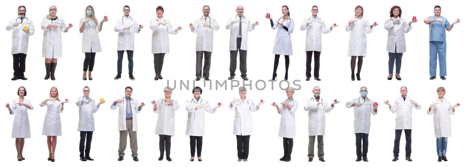 laboratory assistant holding a flask with liquid isolated on white background