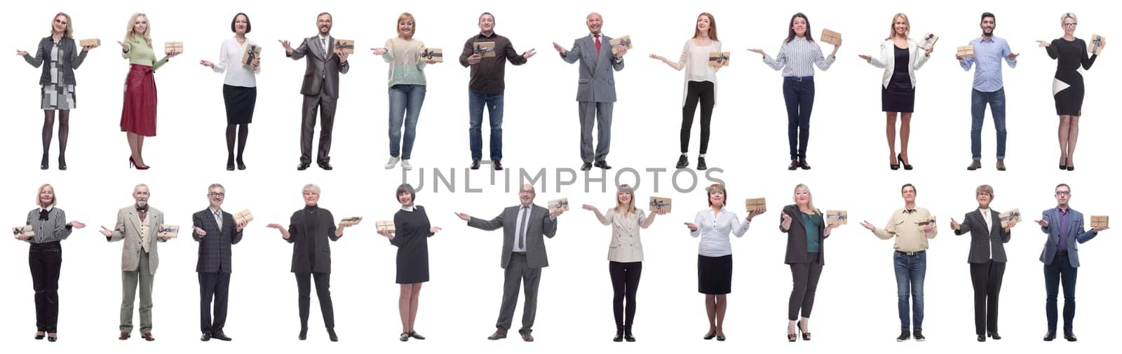 group of happy people with gifts in their hands isolated on white background