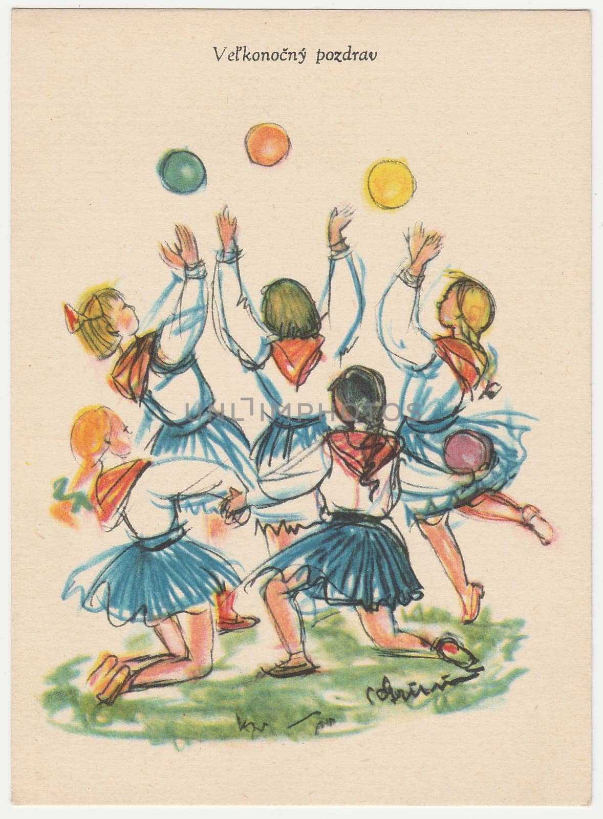 THE CZECHOSLOVAK REPUBLIC - CIRCA 1940: Sibylla GreinerovÃ¡ - colored drawing, greeting to Easter. Vintage postcard.