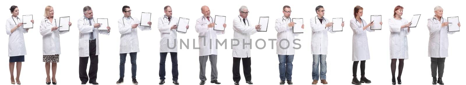 full length group of doctors with notepad isolated on white background