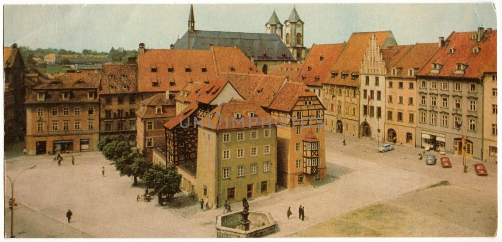THE CZECHOSLOVAK SOCIALIST REPUBLIC - CIRCA 1967: Vintage postcard shows group of medieval market-houses in Cheb.