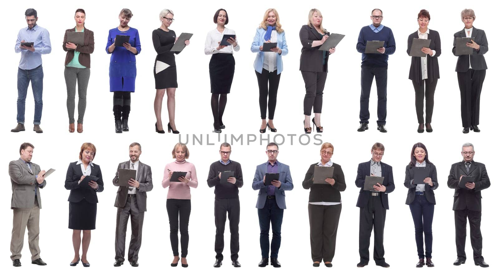 group of successful people with notepad in hands isolated on white background
