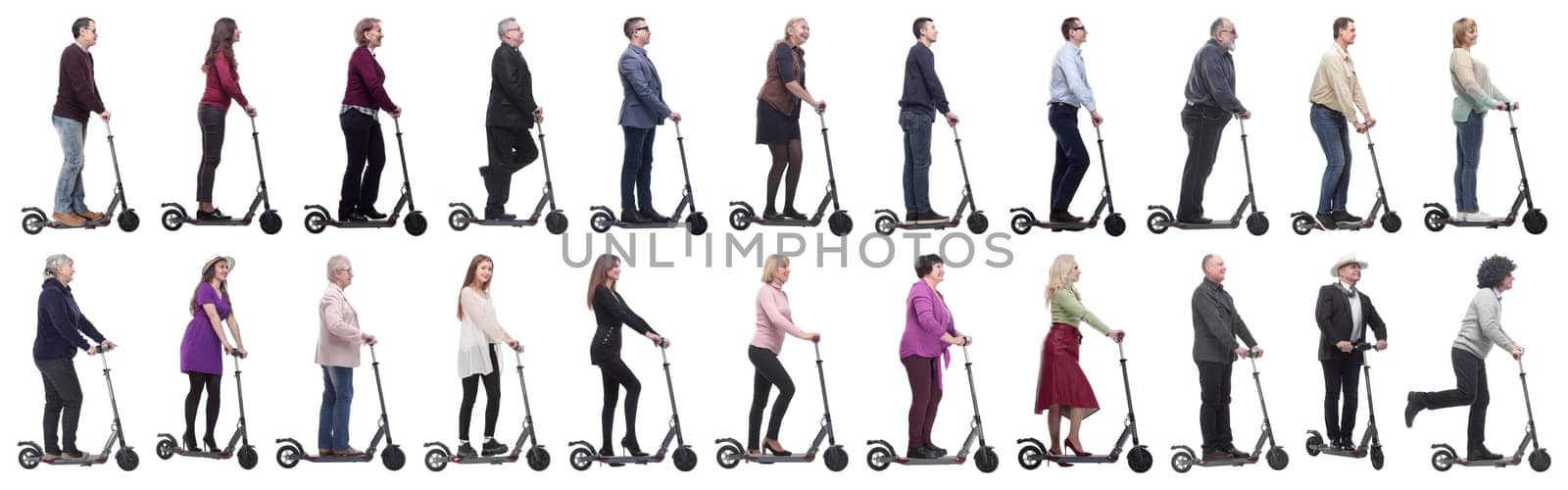 group of successful people on scooter isolated on white background