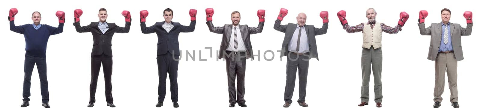 collage of businessmen in boxing gloves isolated on white background