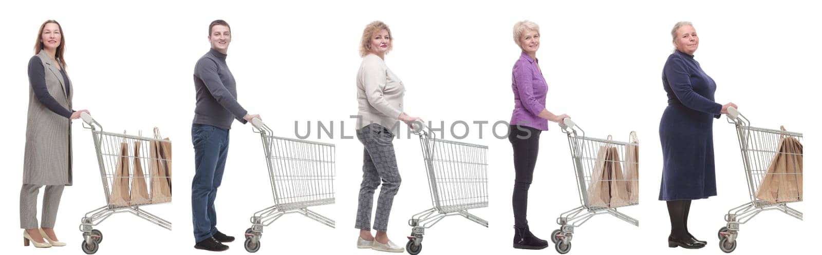 group of people with cart looking at camera isolated on white background