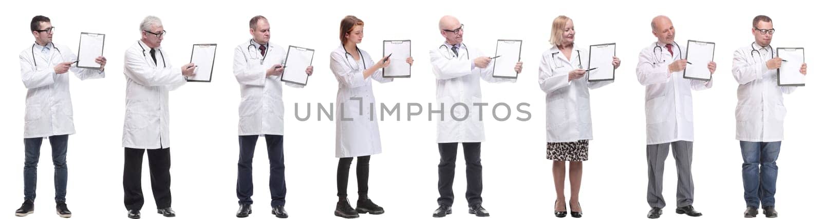 full length group of doctors with notepad isolated on white background