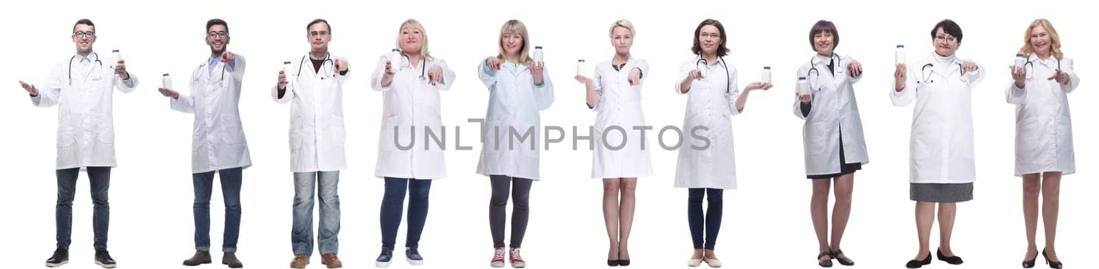 group of doctors holding jar isolated on white background