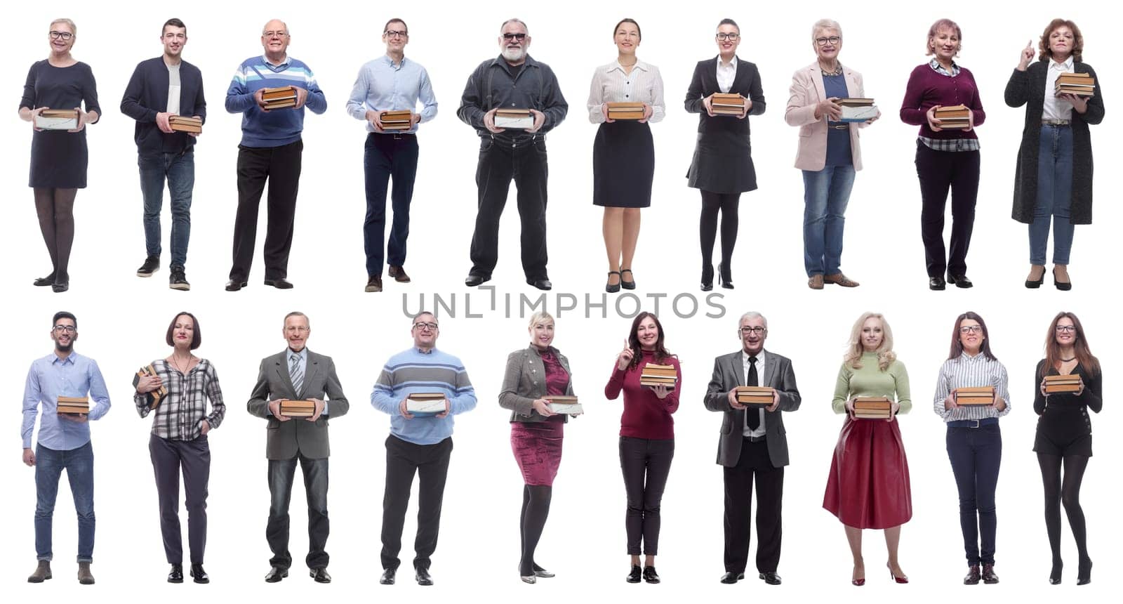 group of people holding books in hands isolated on white background