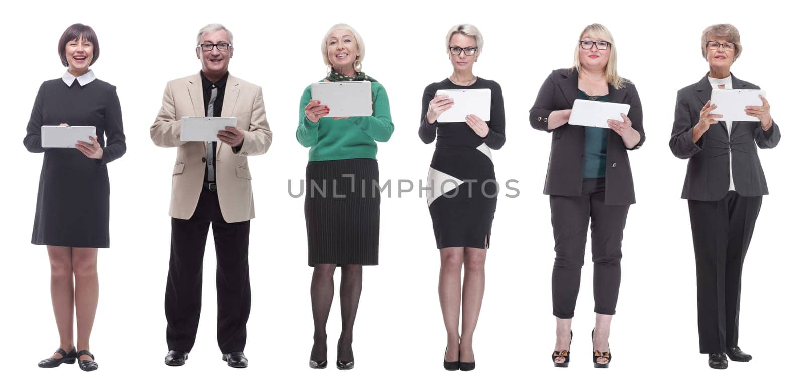 group of people demonstrating tablet looking at camera isolated on white background