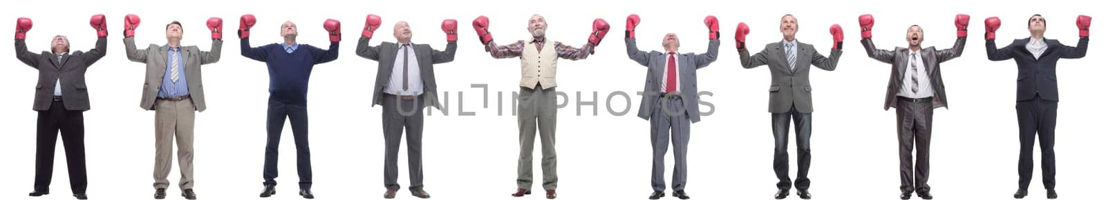 collage of businessmen in boxing gloves isolated on white background