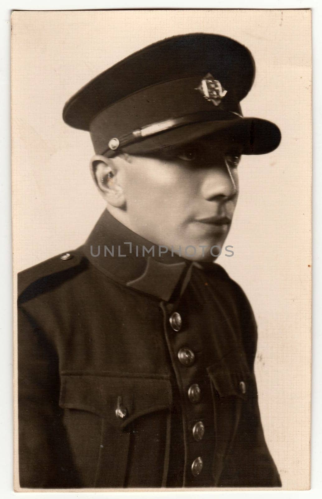 THE CZECHOSLOVAK REPUBLIC - CIRCA 1930s: A vintage studio photo shows soldier. Antiqoue black white portrait.