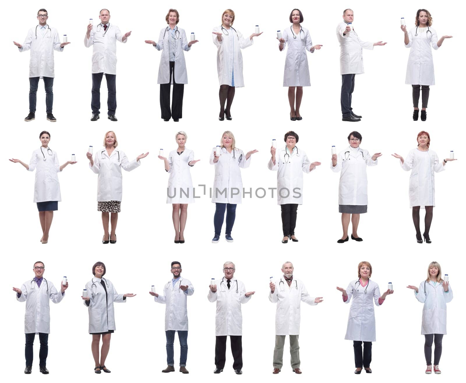 group of doctors holding jar isolated on white background