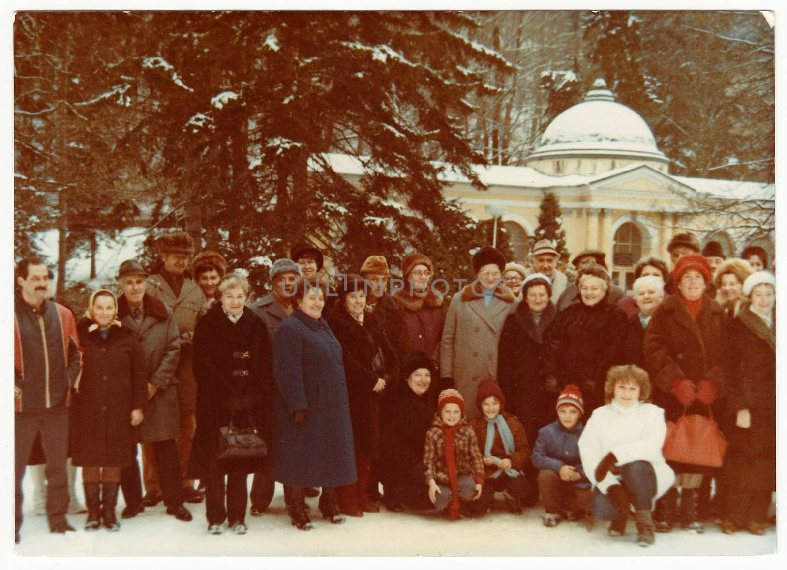 THE CZECHOSLOVAK SOCIALIST REPUBLIC - CIRCA 1980s: Vintage photo shows group of people on winter vacation.