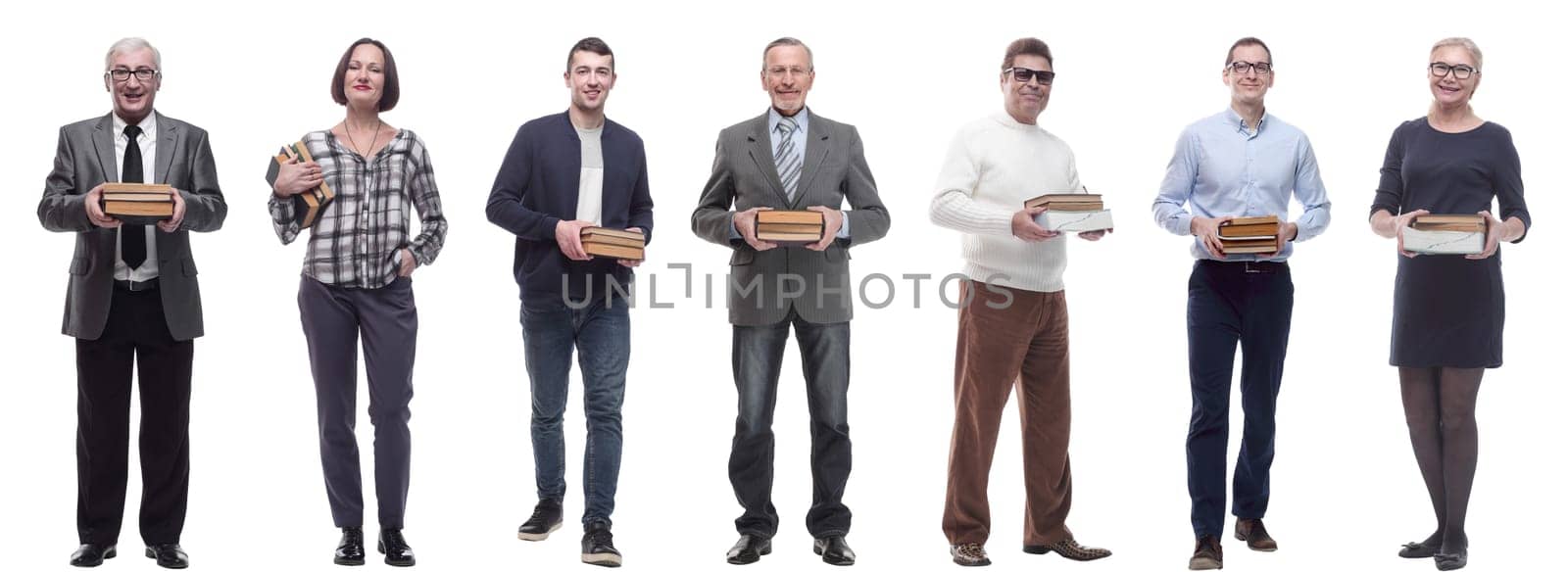 group of people holding books in hands isolated on white by asdf
