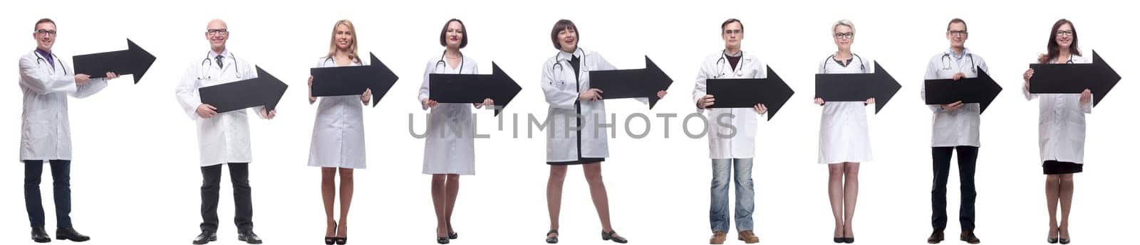 group of successful business people with black arrow isolated on white background