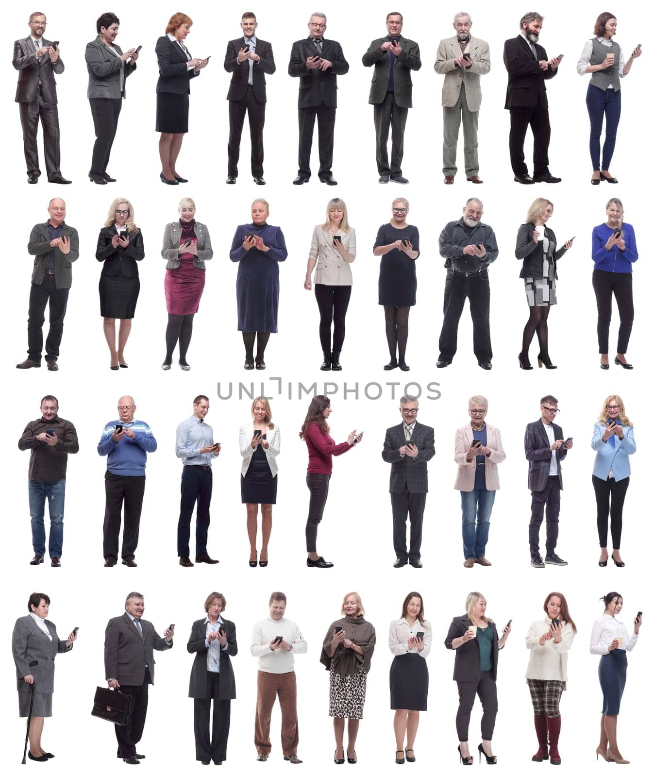 a group of people hold a phone in their hand and look into the phone isolated on a white background