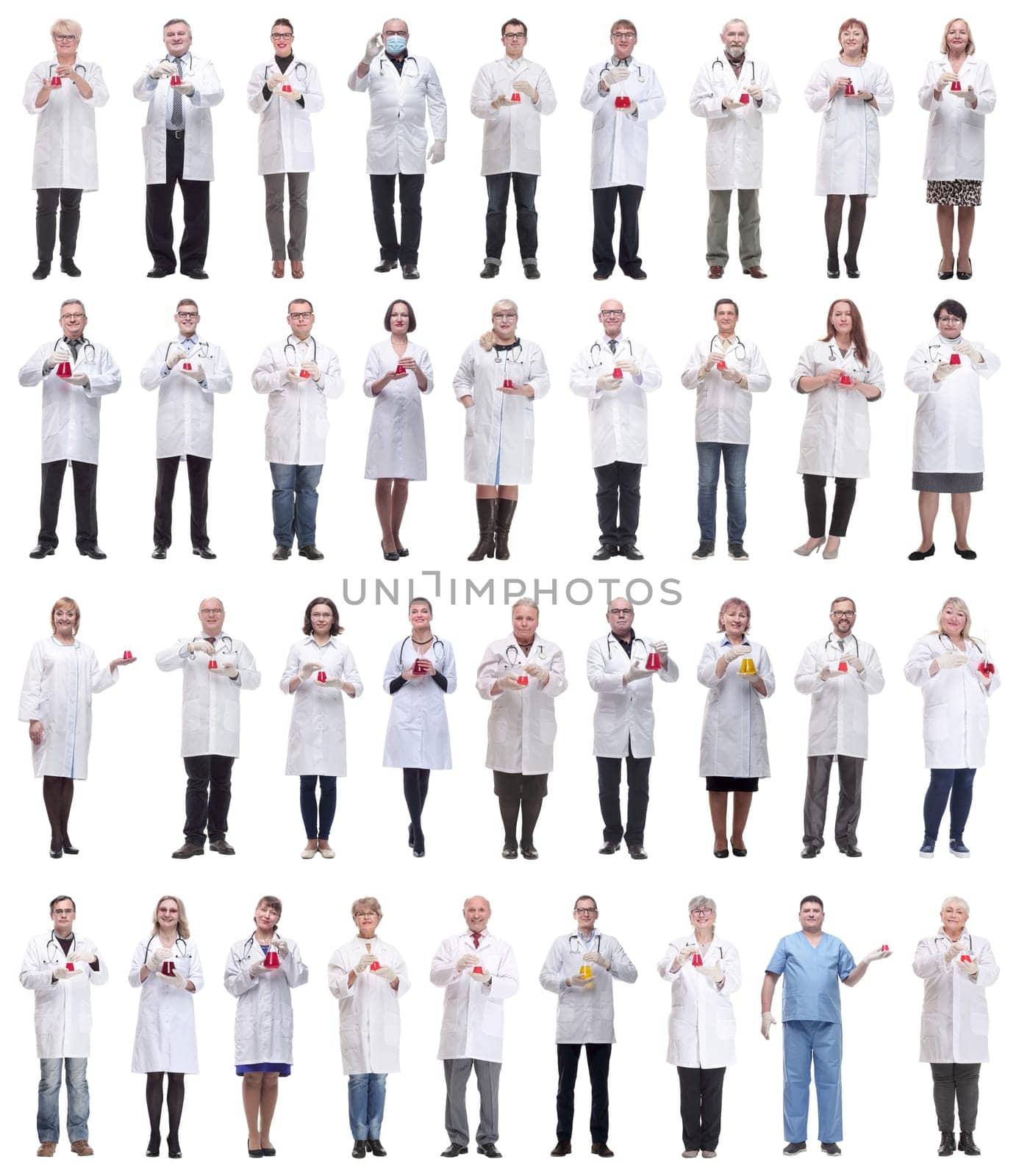 laboratory assistant holding a flask with liquid isolated on white background