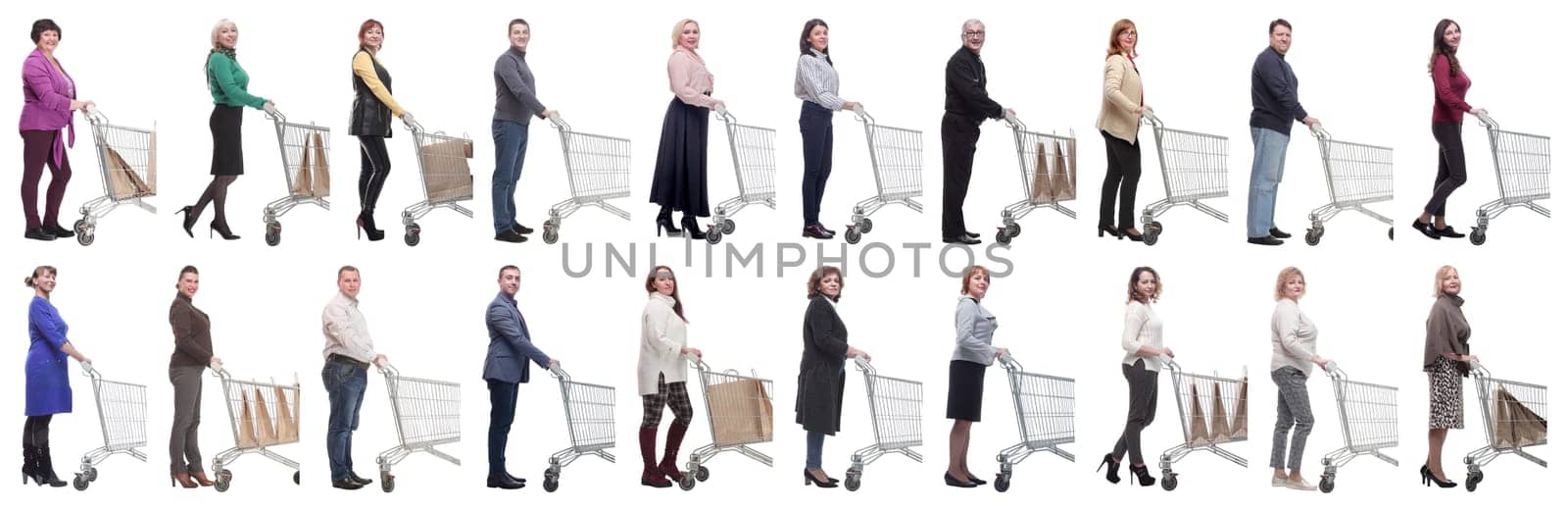 group of people with cart looking at camera isolated by asdf