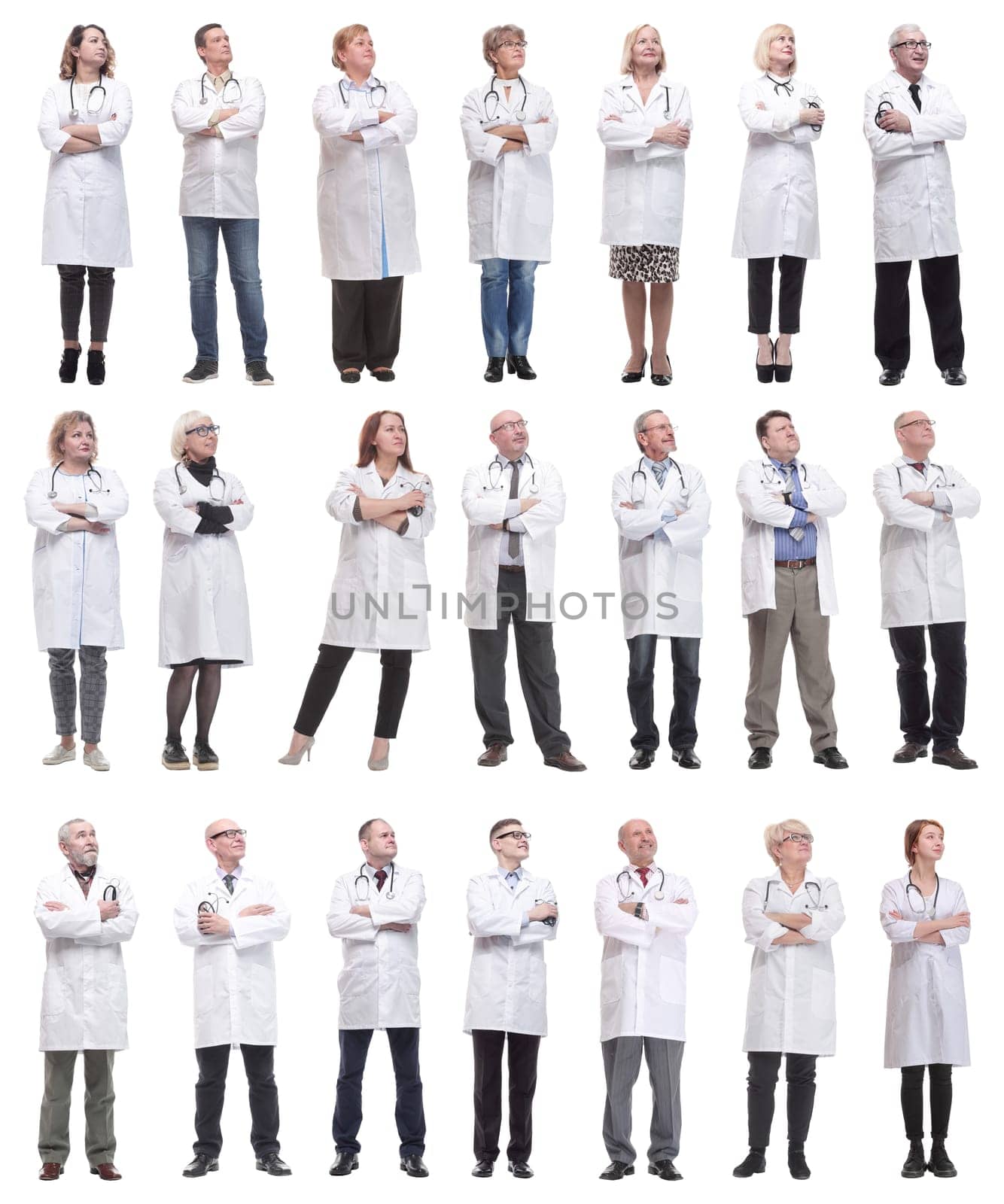 group of doctors standing in full length isolated on white background