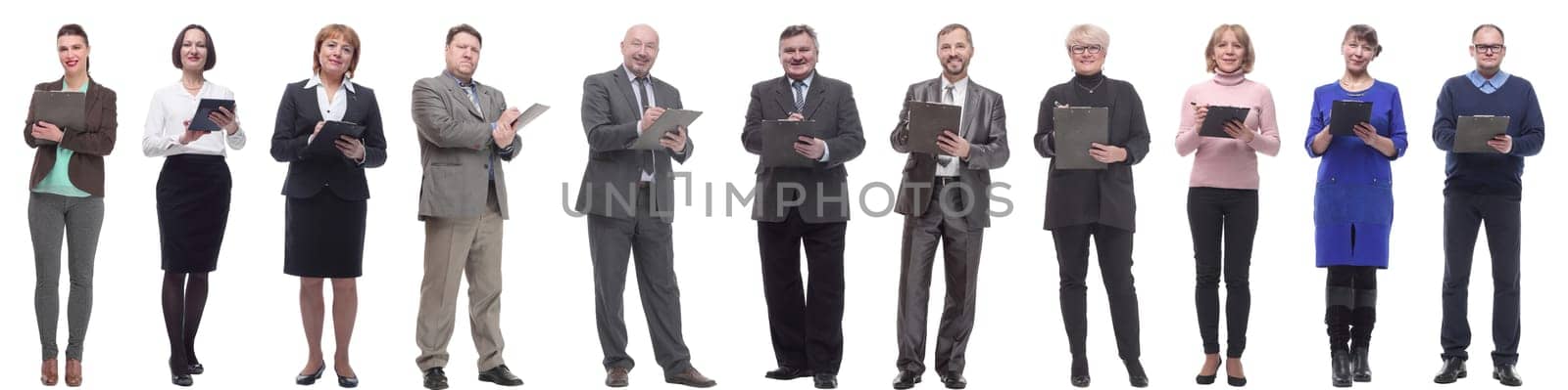 group of successful people with notepad in hands isolated on white background