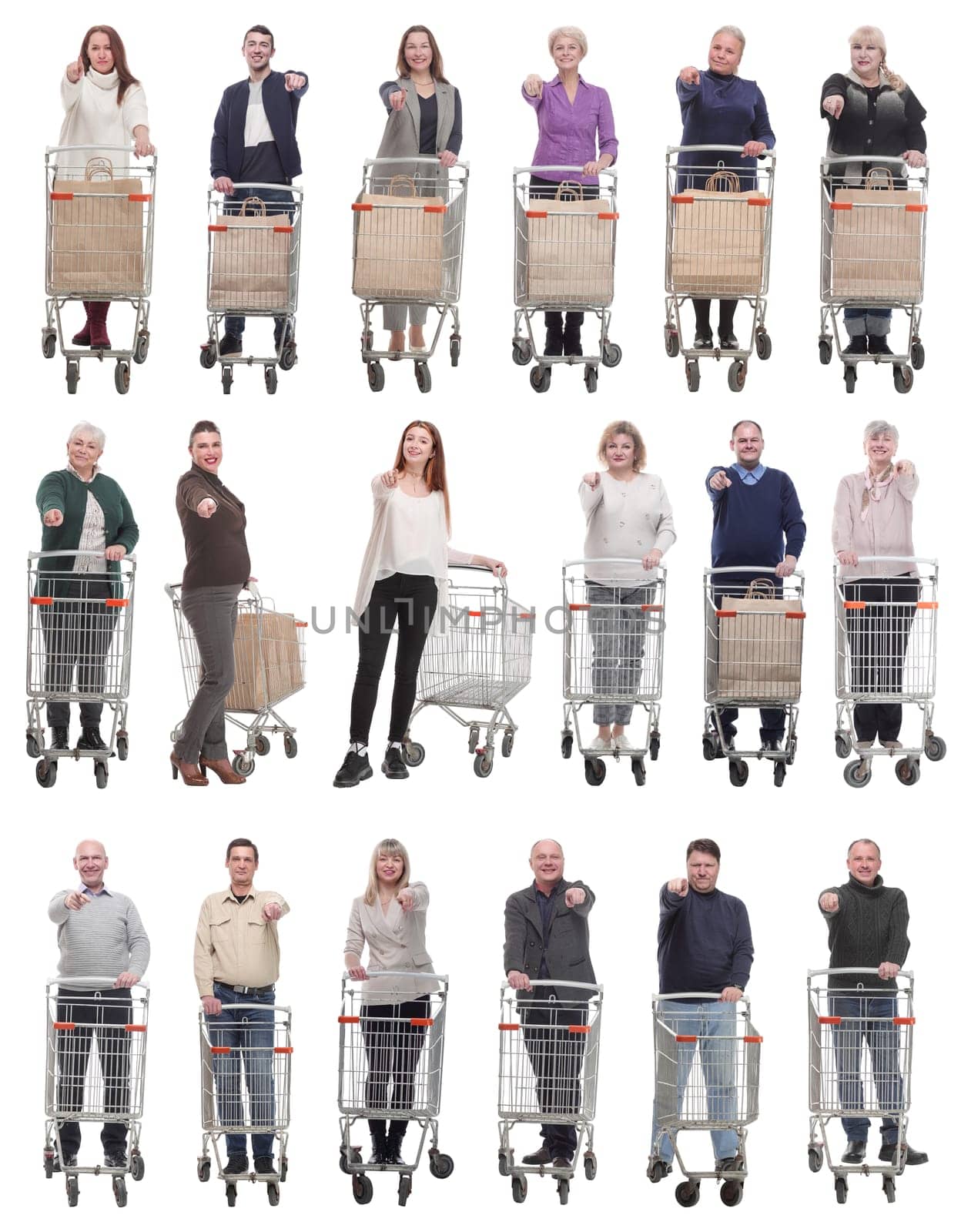 group of people with shopping cart showing thumbs up at camera isolated on white background