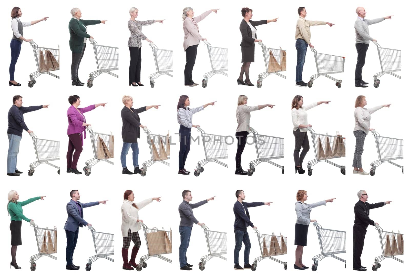 a group of people with a shopping cart point their fingers in front of them on a white background