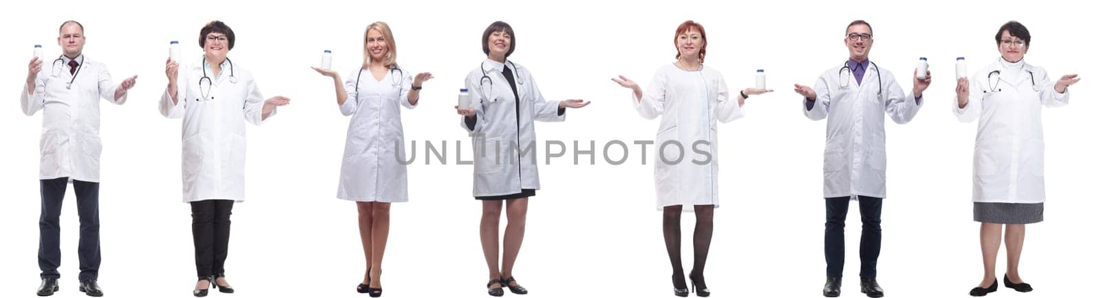 group of doctors holding jar isolated on white background