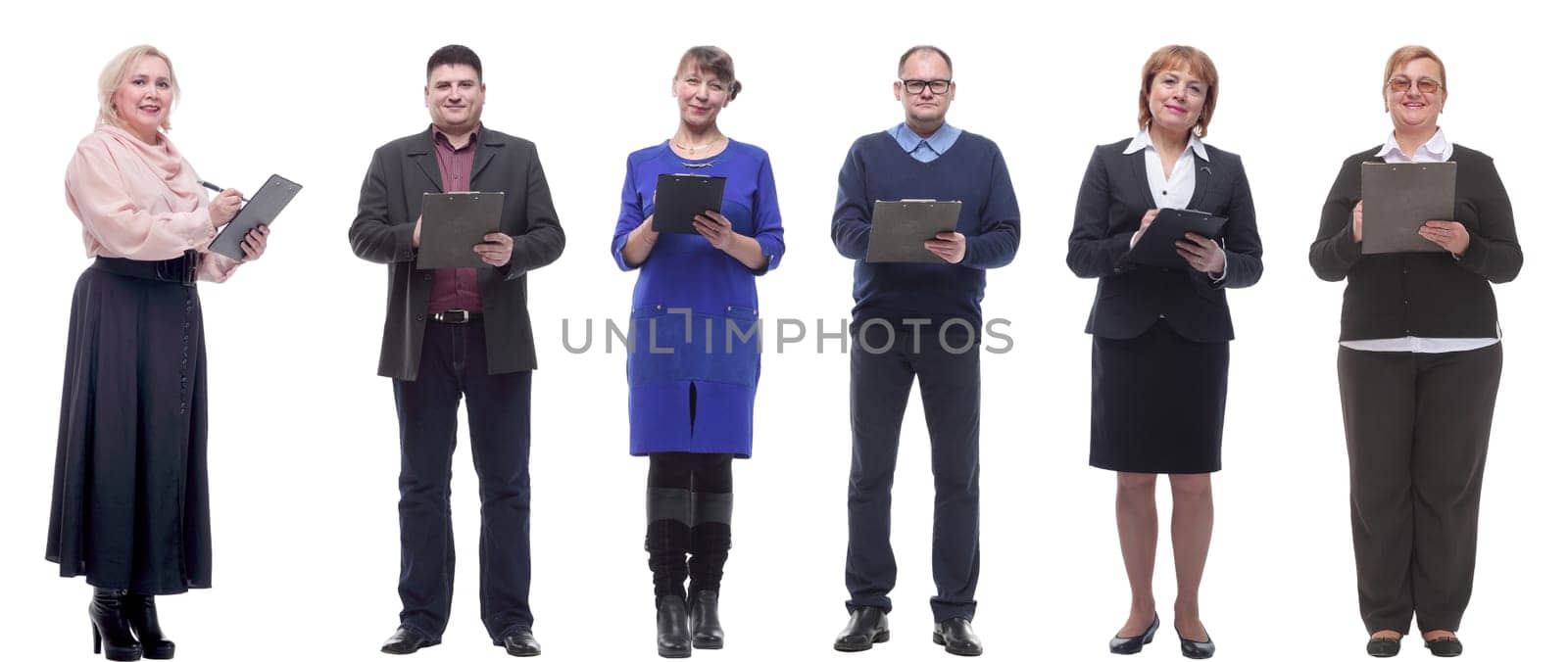 group of successful people with notepad in hands isolated on white background