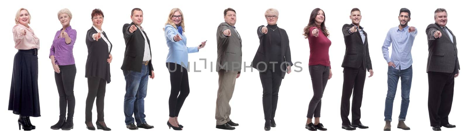 group of business people showing finger at camera isolated on white background