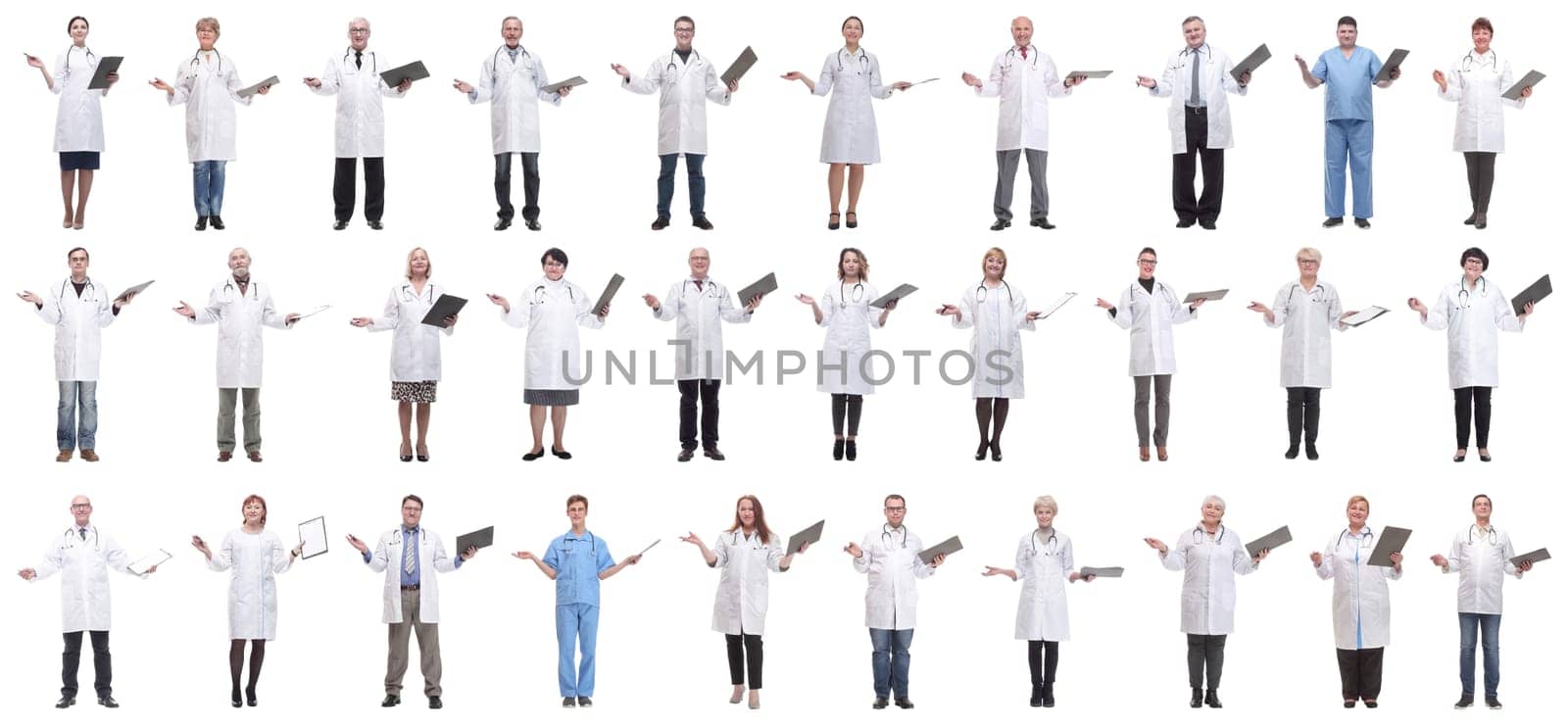 full length group of doctors with notepad isolated on white background