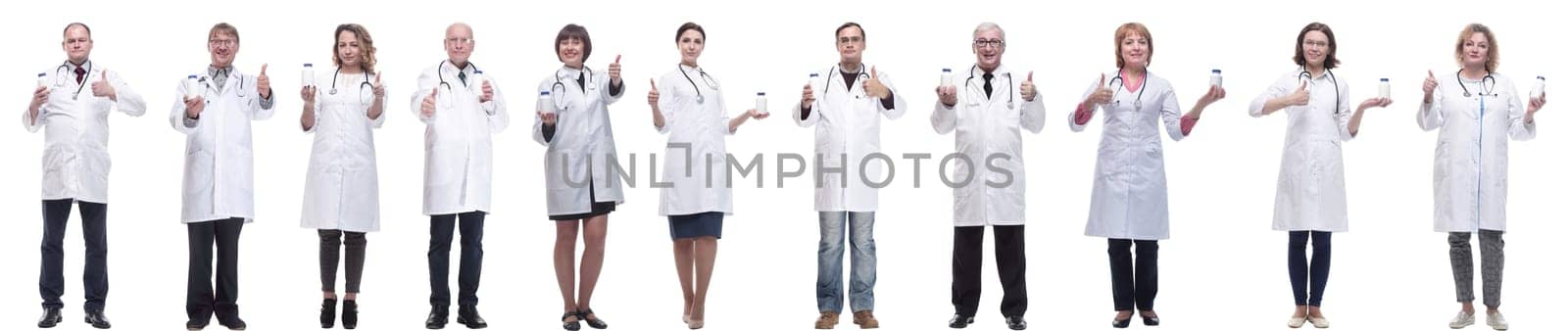 group of doctors holding jar isolated on white background