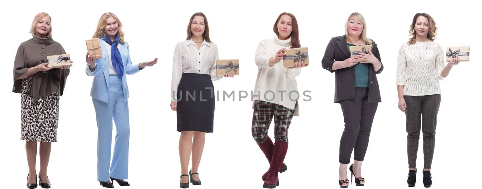 group of happy people with gifts in their hands isolated on white background