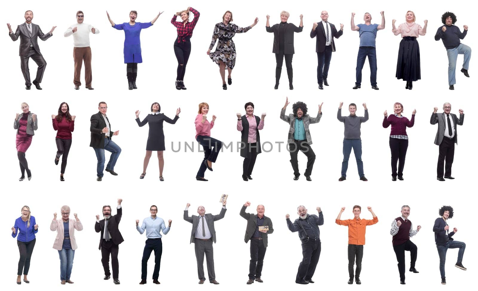 collage of people joyful energetic full length isolated on white background