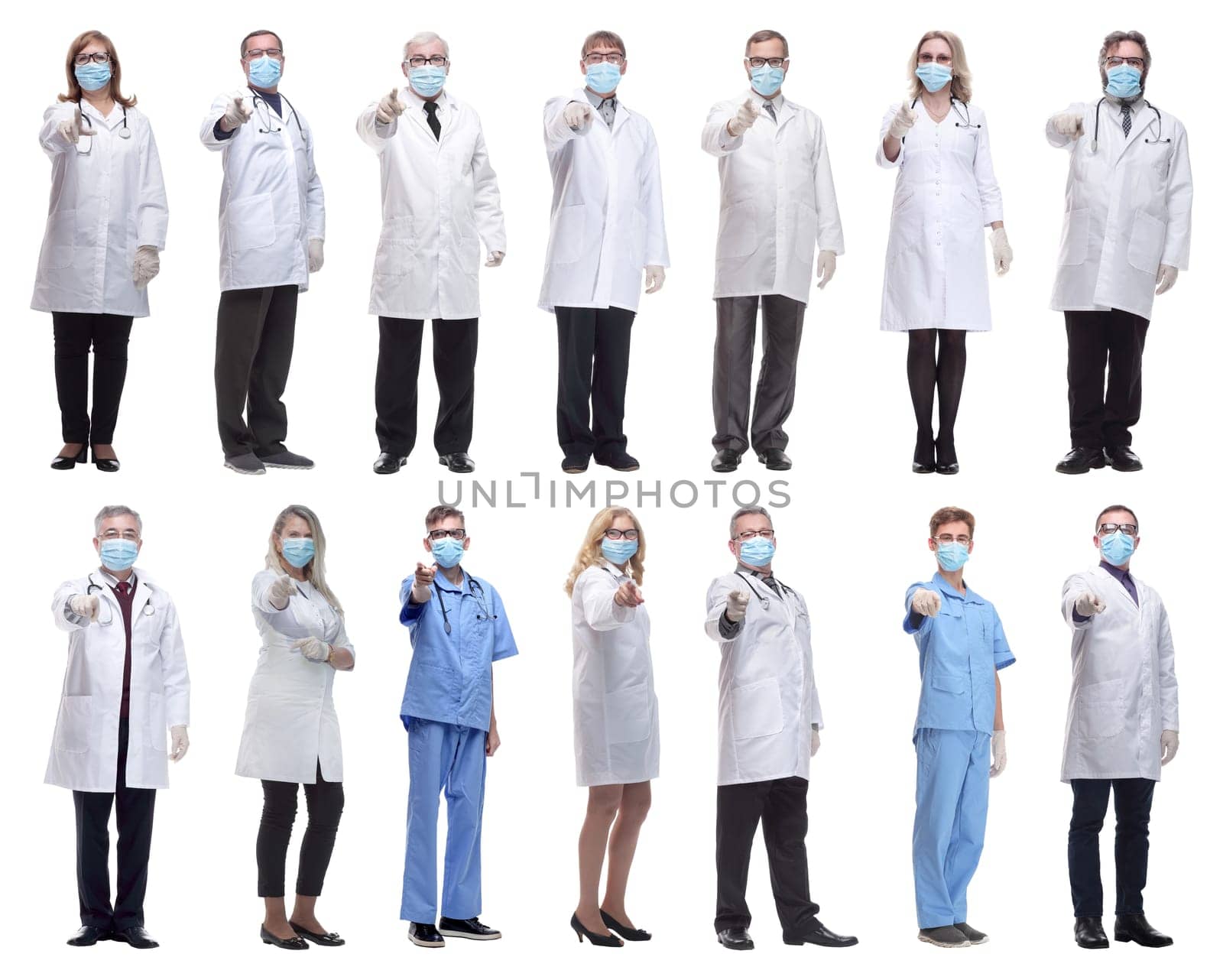 group of doctors in mask isolated on white background