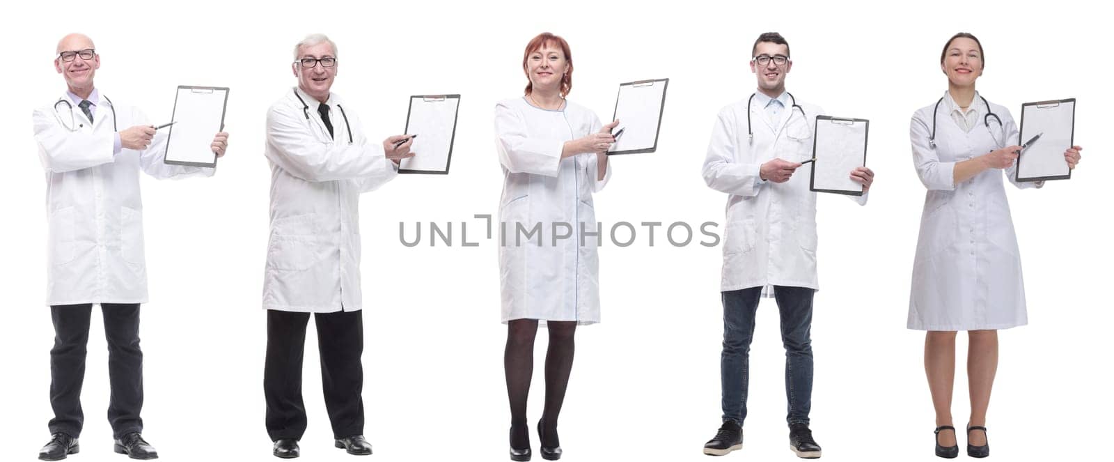 full length group of doctors with notepad isolated on white background