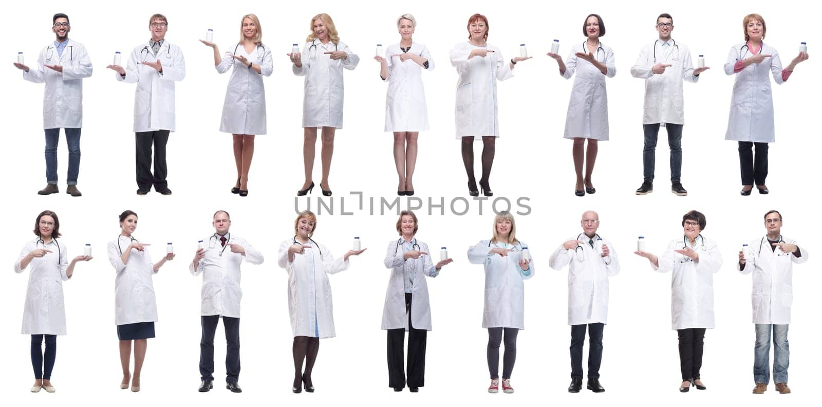 group of doctors holding jar isolated on white by asdf