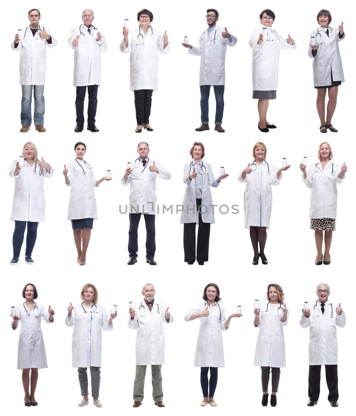 group of doctors holding jar isolated on white background