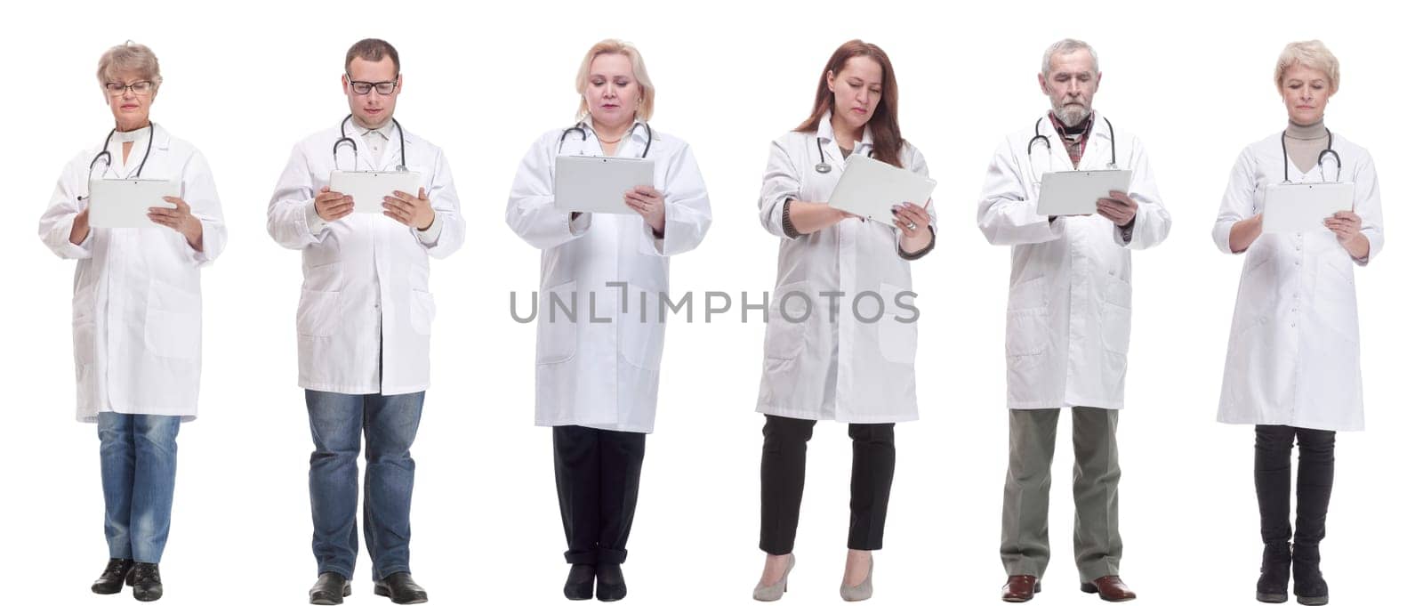 group of doctors with clipboard isolated on white background