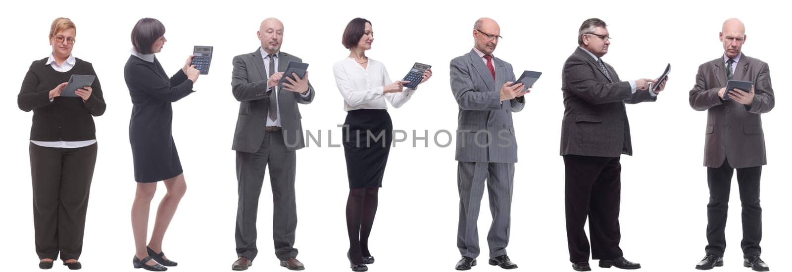 collage group of successful financiers with calculator isolated on white background