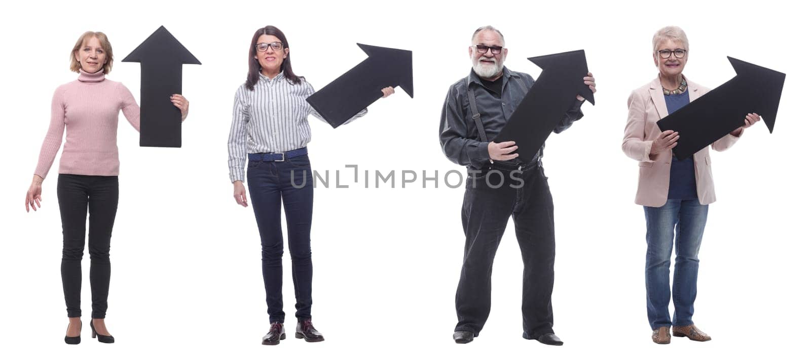 group of successful business people with black arrow isolated on white background