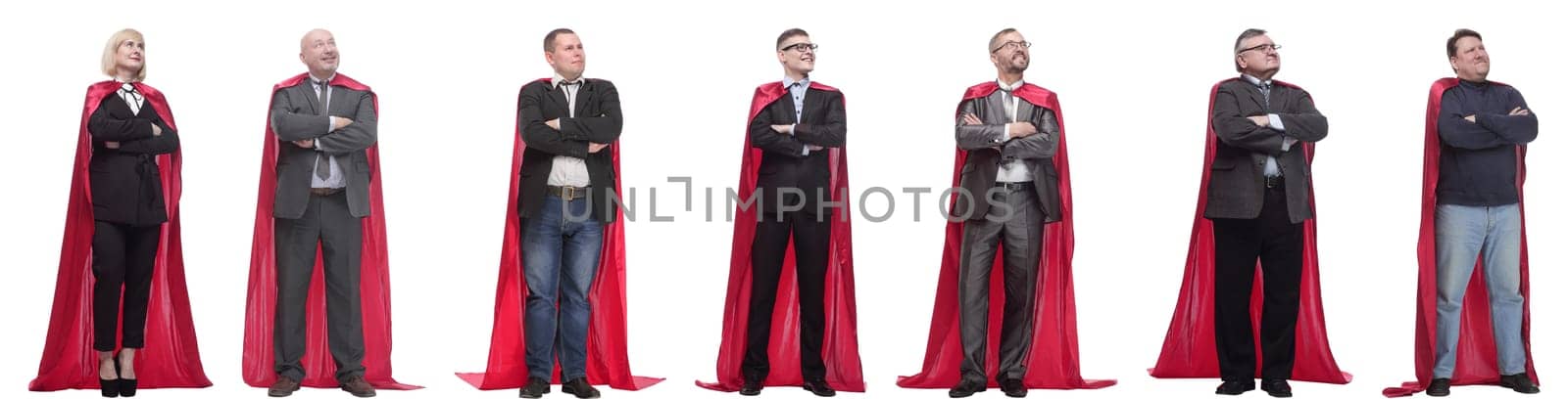 group of people in red raincoat isolated on white background