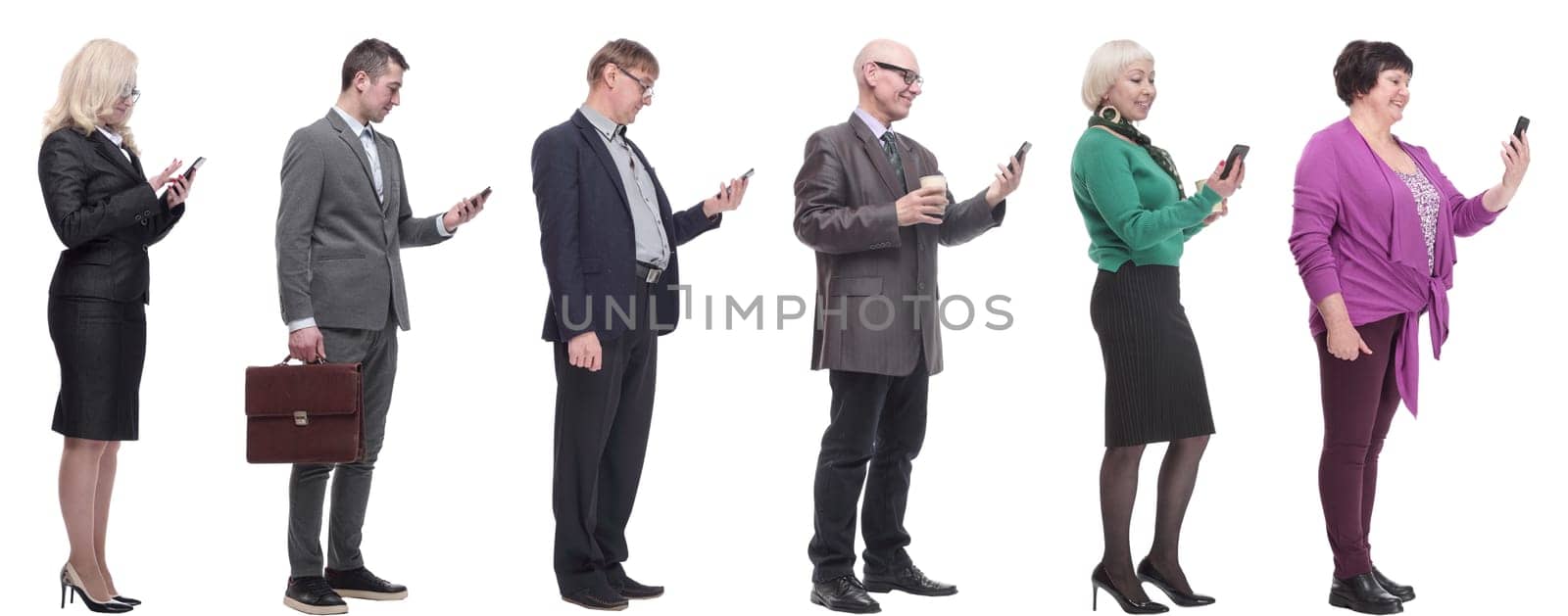 group of people profile holding phone in hand isolated on white background