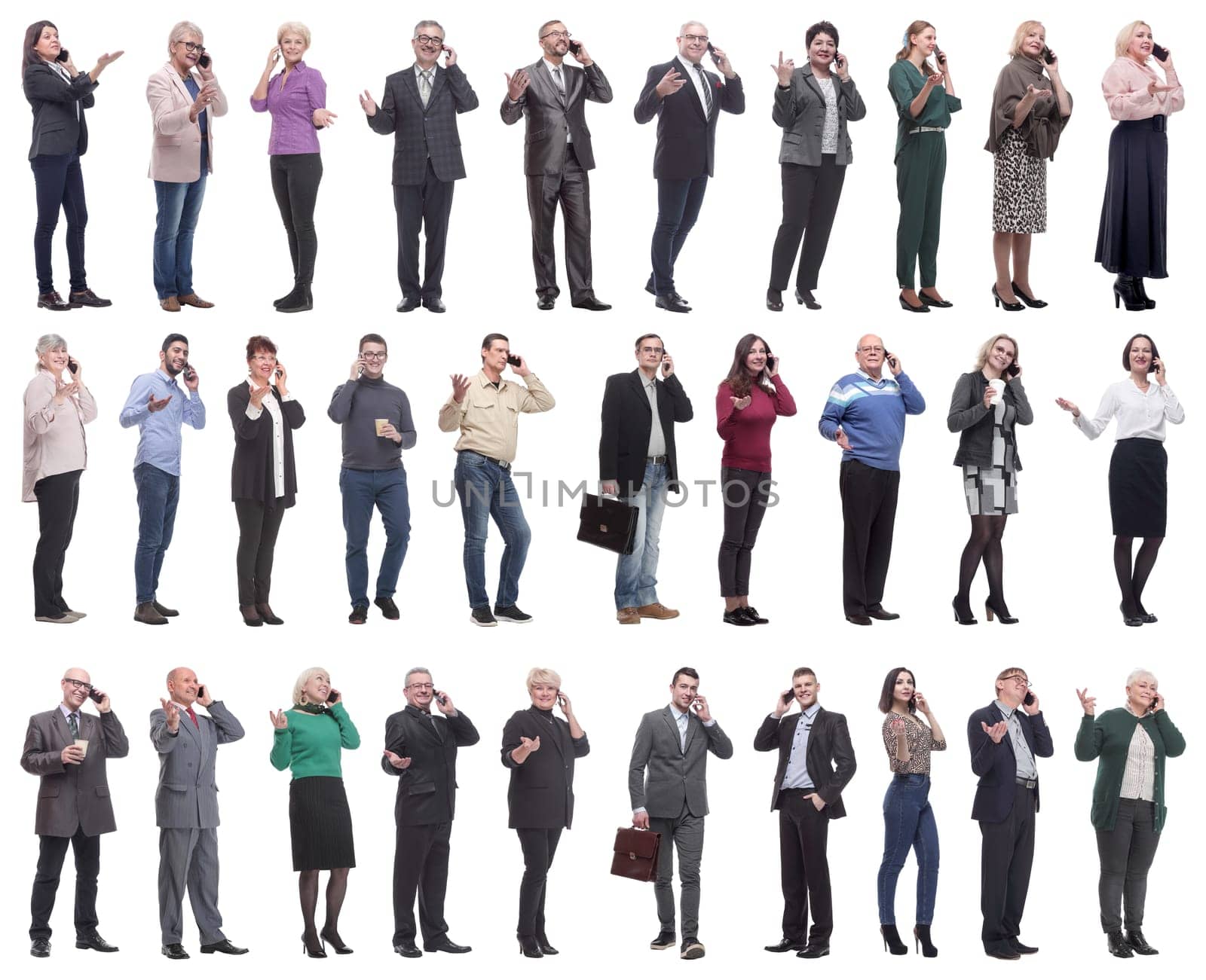 group of people holding phone in hand isolated on white background