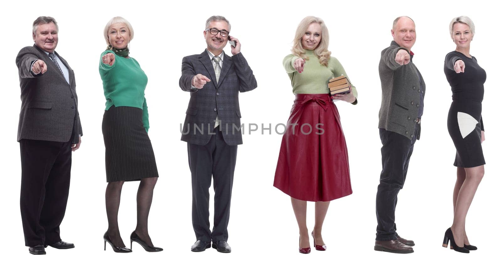 group of business people showing finger at camera isolated on white background