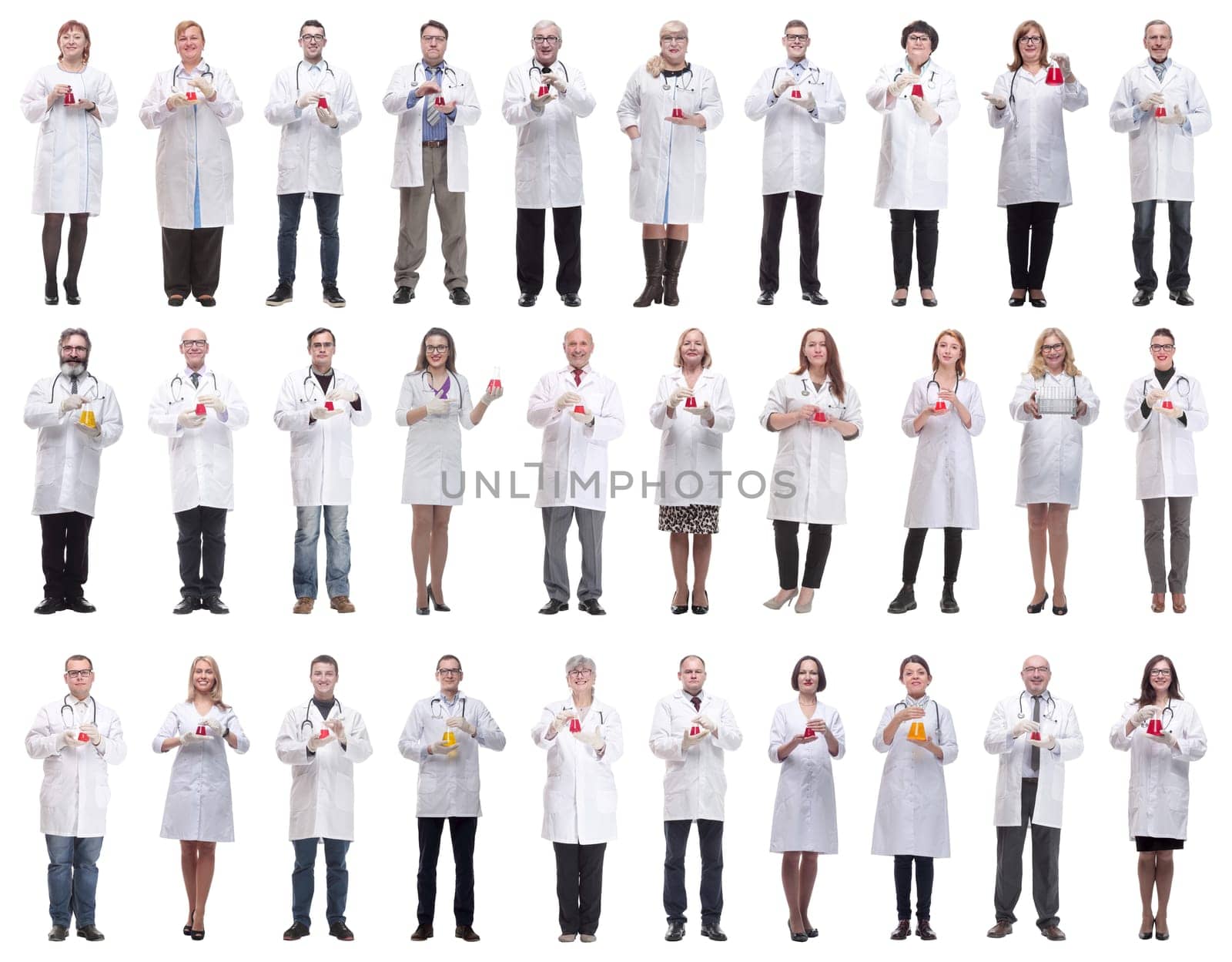 laboratory assistant holding a flask with liquid isolated on white background