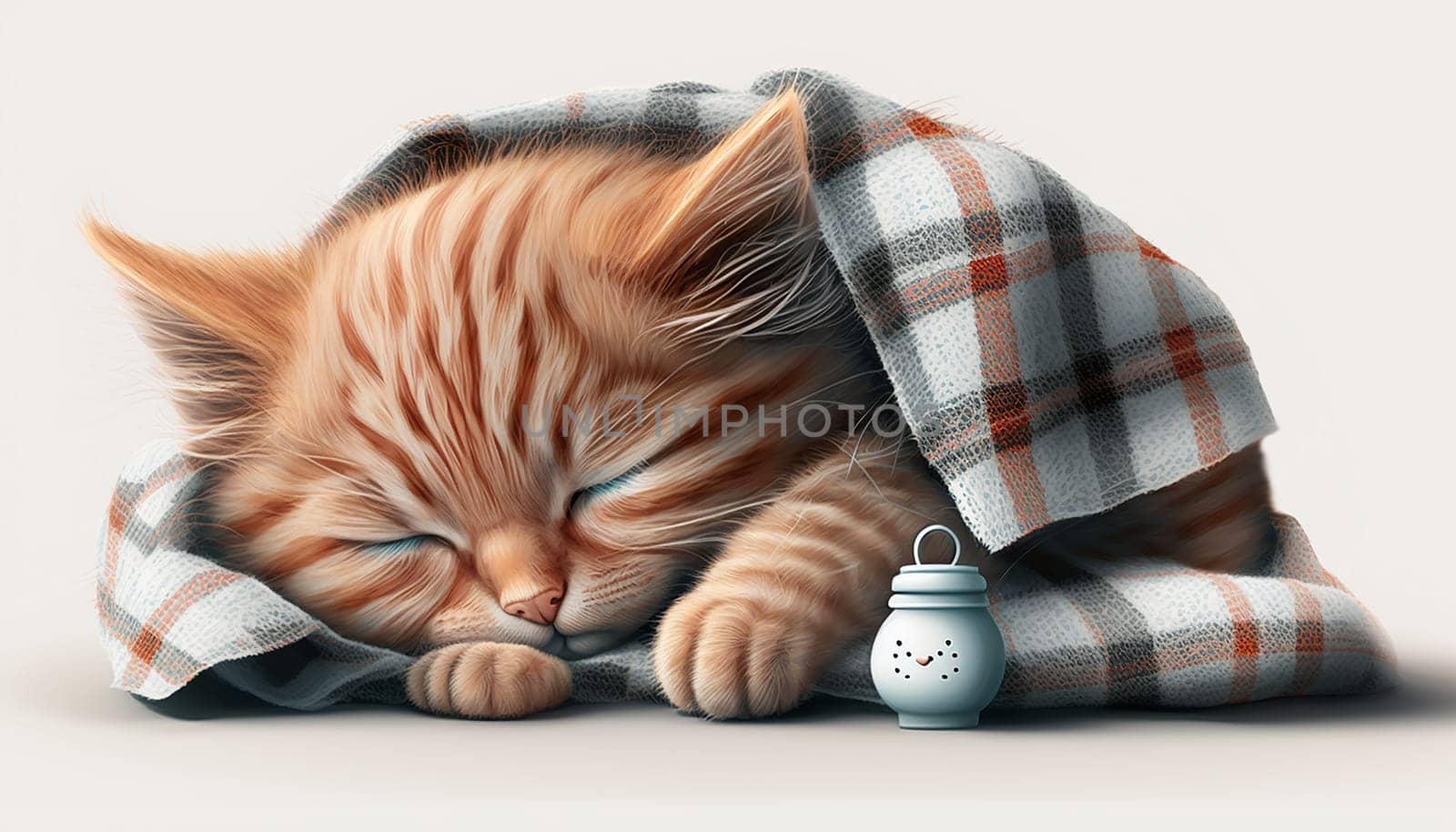 gray kitten sleeping on gray plaid wool blanket with tassels, embracing soft beige knitted toy. High quality photo