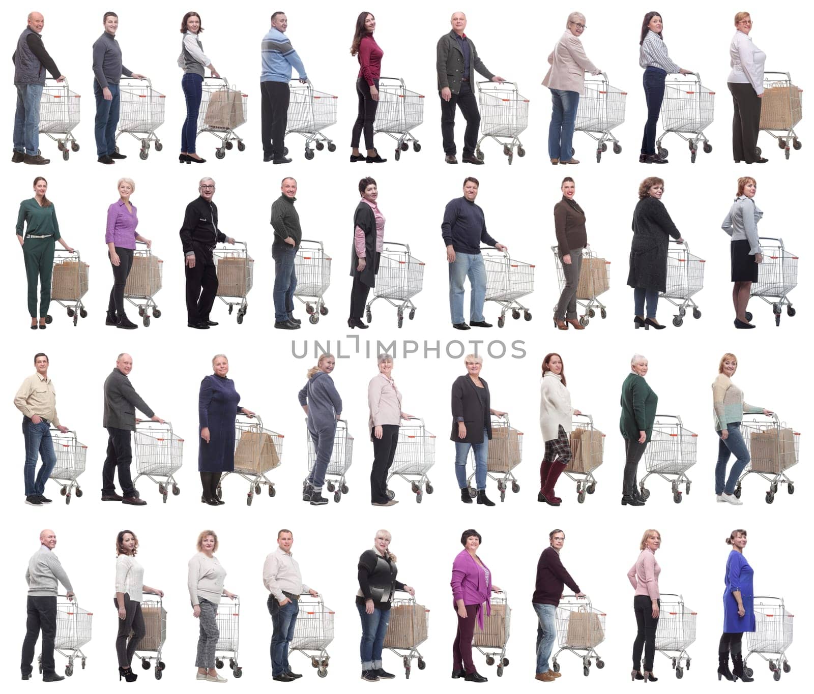 group of people with cart isolated on white background