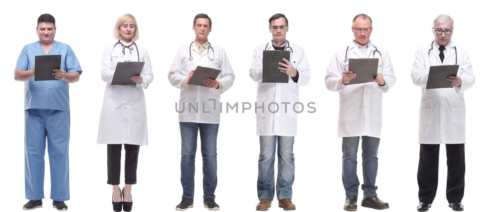 full length group of doctors with notepad isolated on white background