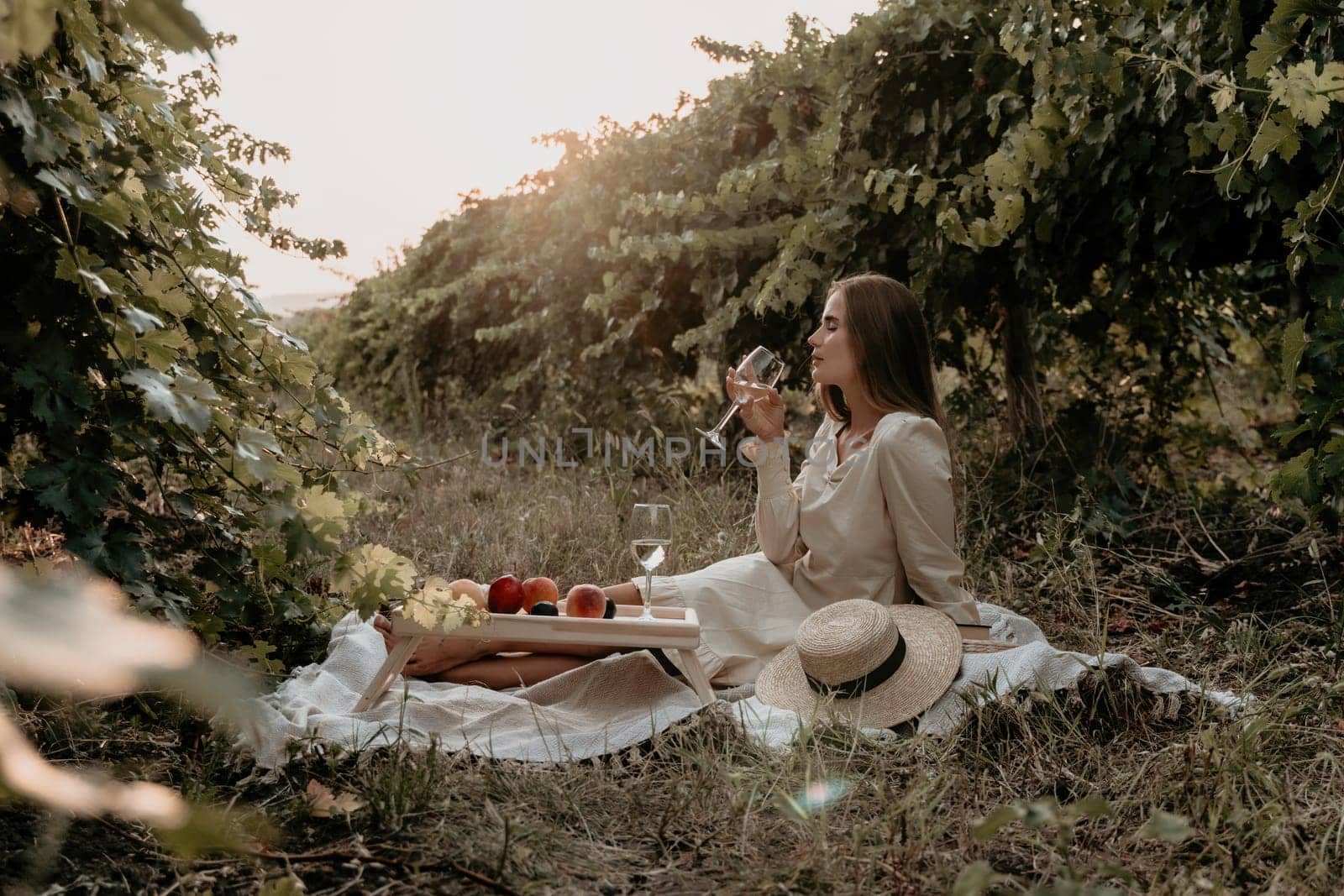 Woman picnic vineyard. Happy woman with a glass of wine at a picnic in the vineyard, wine tasting at sunset and open nature in the summer. Romantic dinner, fruit and wine. by panophotograph