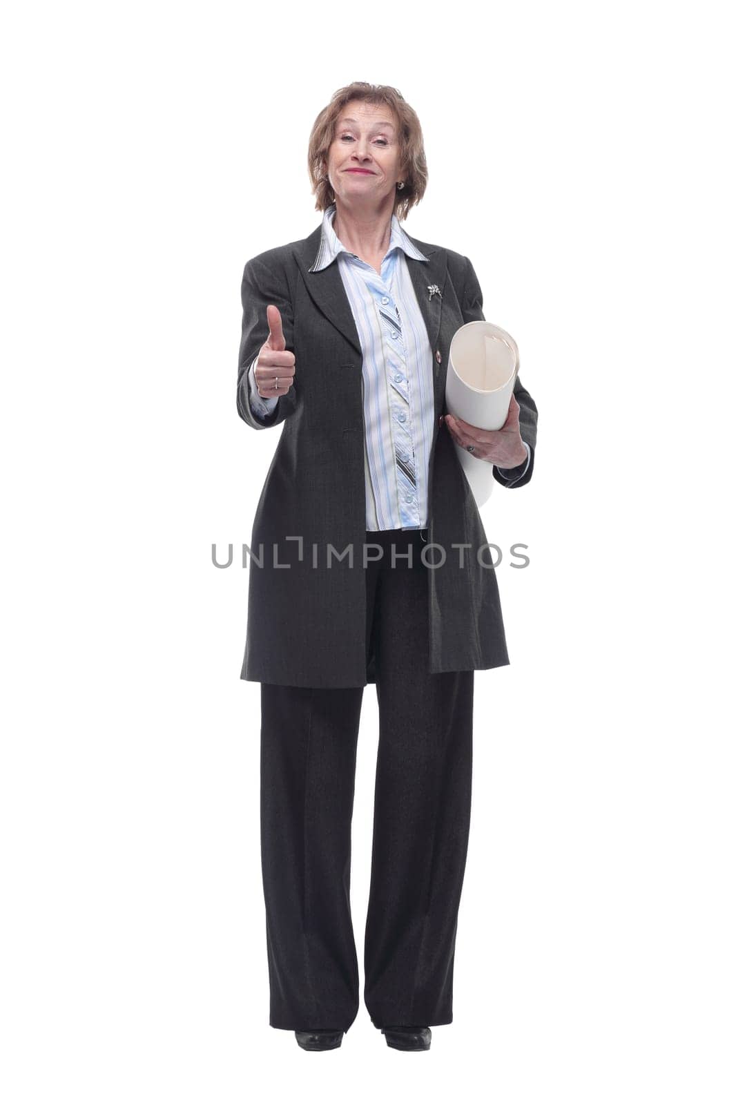 Senior businesswoman holding engineering blueprint isolated on white